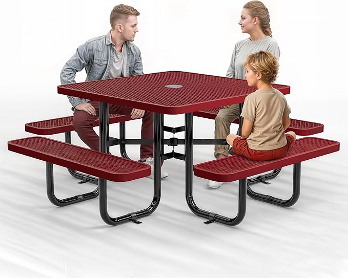 Metal Picnic Tables for Outdoors with Umbrella Hole - Coated Steel Heavy Duty Commercial Grade Table with Adjustable Seats (Red, 46 in, Square, Expanded Steel)