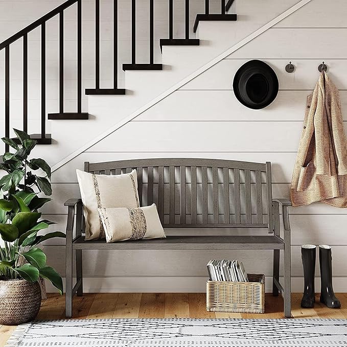 Grand patio 52" Farmhouse Outdoor Bench, Garden Benches with Rust Free Metal Powder Coated Frame and Aluminum Backrest, Faux Wood Grain Finish Frame Patio Bench for Front Porch, Weathered Grey