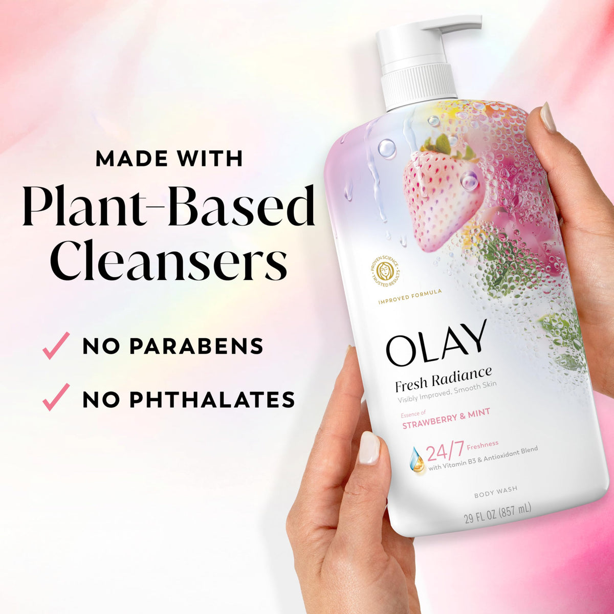 Olay Body Wash for Women, Fresh Radiance, 24/7 Skin-Loving Freshness, Visibly Radiant, Plant Based Cleansers, Vitamin B3 & Antioxidant Blend, For All Skin Types, Strawberry & Mint Scent, 29 fl oz