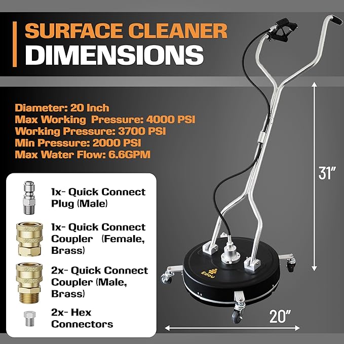 EDOU 20-Inch Dual Handle Pressure Washer Surface Cleaner, Wheels - Heavy Duty Composite Surface Pressure Washer - 4000 PSI Max - Includes 3/8-Inch Quick Connector Kit, Teflon Tape, Adapter Set