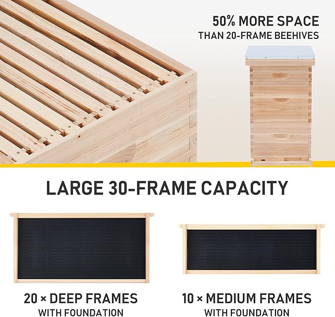CREWORKS Bee Hive Boxes Starter Kit, 3 Layer Bee House with 10 Medium and 20 Deep Frames & Foundations, Langstroth Beehive for Bee Keeping, Beekeeping Supplies with Plastic Queen Excluder and Nails