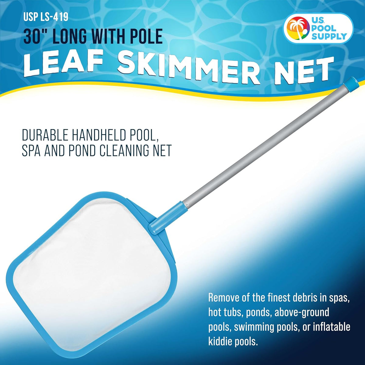 U.S. Pool Supply Pool Skimmer Net with Pole, Handheld Ultra Fine Mesh Pool Skimmer Net - Hand Held Spa, Hot Tub, Pond Cleaning - 17" Pole, Leaf Netting, Scoop Skim Leaves & Debris, Clean Water Surface