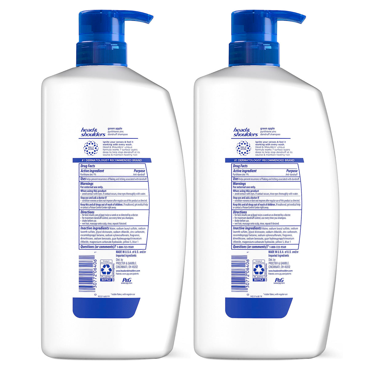 Head & Shoulders Green Apple Anti-Dandruff Shampoo Twin Pack, 72-Hour Protection, 1% Pyrithione Zinc, 32.1 fl oz Each