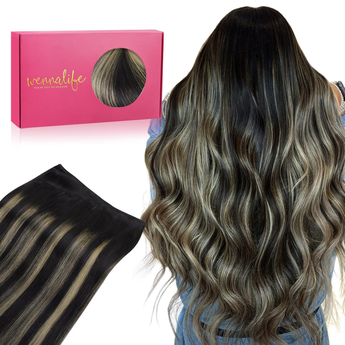 Wennalife Sew In Hair Extensions Real Human Hair, 22 Inch 110G Balayage Natural Black To Light Blonde Machine Weft Hair Extensio