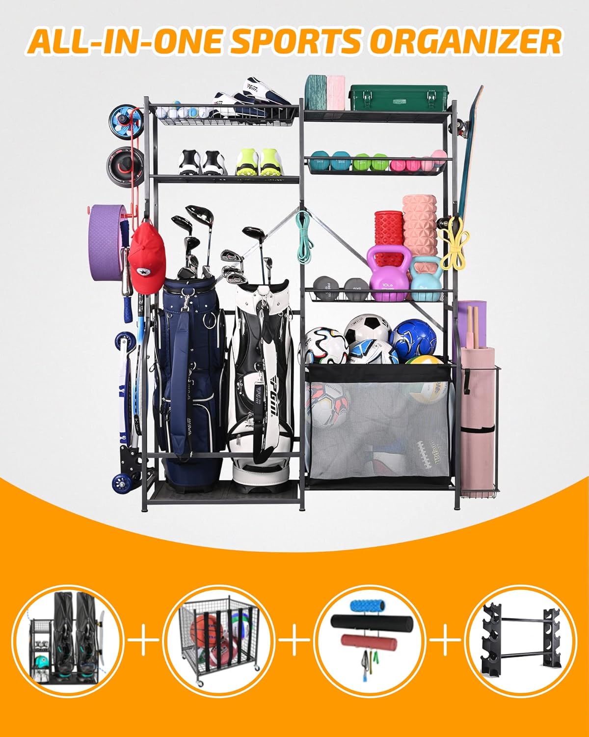 PLKOW Golf Storage Ball Rack Garage Organizer, 2 Golf Bag Organizer and Other Sports Equipment Organizer for Garage, Extra Large Size Sports Storage Rack for Garage