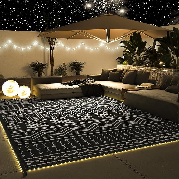 Outdoor Rug Carpet Waterproof 8x10 ft with LED Strip Lights-Patio Rug Mat Indoor Outdoor Rug for RV Camping Picnic Reversible Lightweight Plastic Straw Outside Rug for Patio Decor Decoration Boho Rug