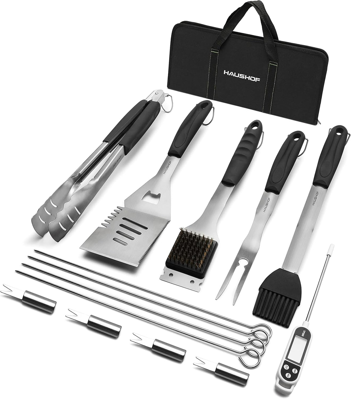 HAUSHOF Large Grilling Accessories, BBQ Grill Set, Heavy Duty Stainless Steel Barbecue Utensils with 16-1/2" Spatula, Brush, Fork, Tongs, Skewers, Thermometer, Bag, Ideal Gift, 15PCS