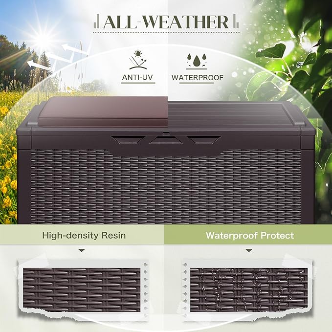 Greesum 100 Gallon Resin Deck Box Large Outdoor Storage with Cushions for Patio Furniture, Garden Tools, Pool Supplies, Weatherproof and UV Resistant, Lockable, Dark Brown