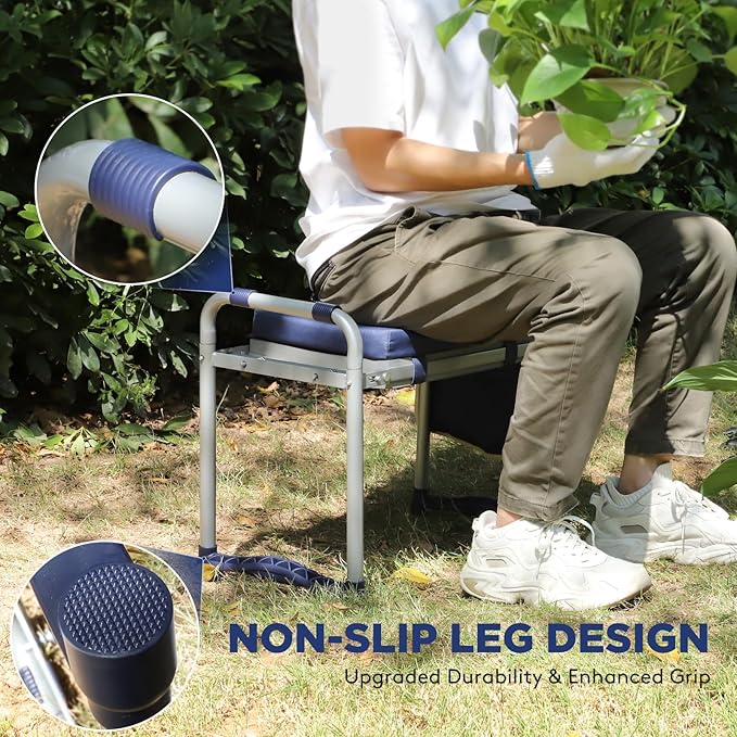 Foldable Garden Kneeler and Seat, Heavy Duty Garden Stool with 10" Wide Detachable Kneeling Pad, Portable Garden Bench Chair with Large Garden Tool Bag, Gardening Gifts for Women, Seniors, Mom