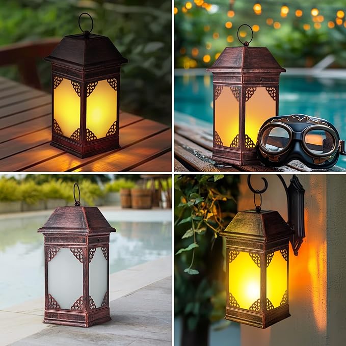 14" Solar Lanterns Outdoor Waterproof, Glass Flickering Flame Solar Lantern, Hanging Metal Lantern Decorative for Patio Front Porch Garden Backyard Tabletop Party Decoration