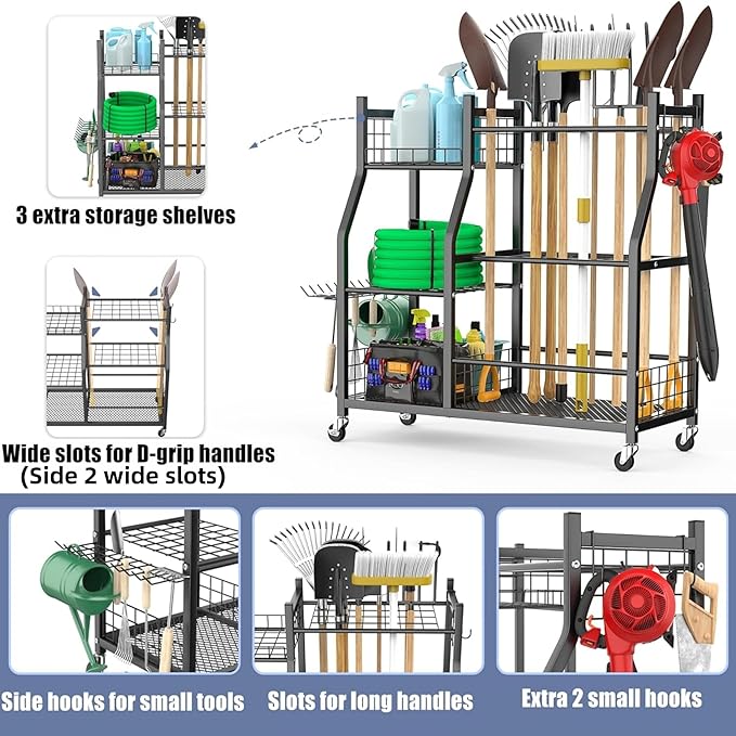 WALMANN Garden Tool Organizer with Wheels for Garage, Large Storage Capacity, Rakes/Shovels/Yard Tools Storage Stand for Shed, Garden, Indoor/Outdoor Long-Handled Tools Rolling Cart
