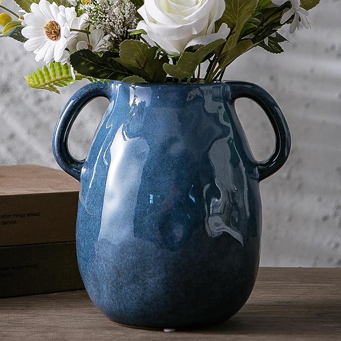 Blue Ceramic Vase with 2 Handles - Modern Farmhouse Rustic Terracotta Decorative Clay Boho Vase for Pampas Grass and Home Decor
