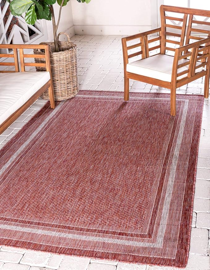 Unique Loom Outdoor Border Collection Area Rug - Soft Border (7' 10" x 11' 4" Rectangle, Rust Red/ Ivory)