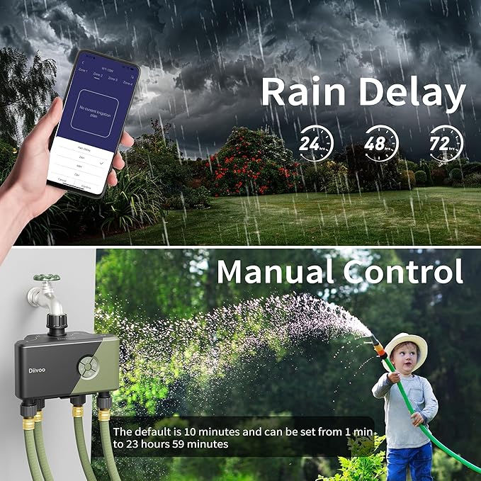Diivoo WiFi Water Timer 4 Outlets, Smart Sprinkler/Hose/Tap Timer Compatible with Alexa & 24 Irrigation Plans & Rain Delay, Garden Watering Systems Controller with 2 Watering Modes for Lawn Yard