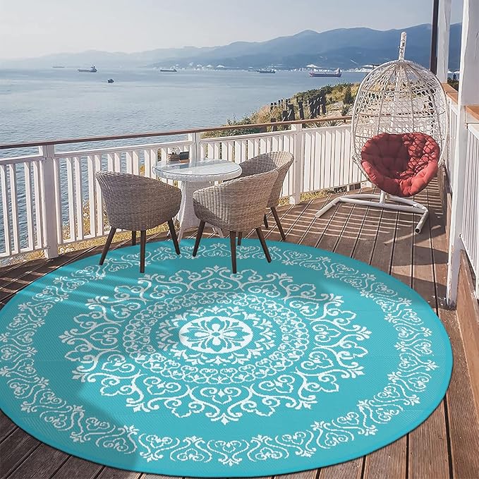 Pauwer Waterproof Outdoor Rug 6ft, Reversible Plastic Straw Patio Camping Rug, Indoor Outdoor RV Mat Carpet for Deck, Camper, Porch, Balcony, Backyard, Picnic, Floral Teal