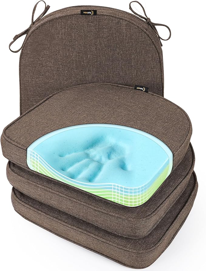 SUNROX Gel Memory Foam Chair Cushions, FadeShield Water-, Stain-Resistant Durable Reversible Seat Cushion Pads with Ties for Indoor/Outdoor Kitchen Dining Office 17"x16" Set of 4, Heather Chestnut