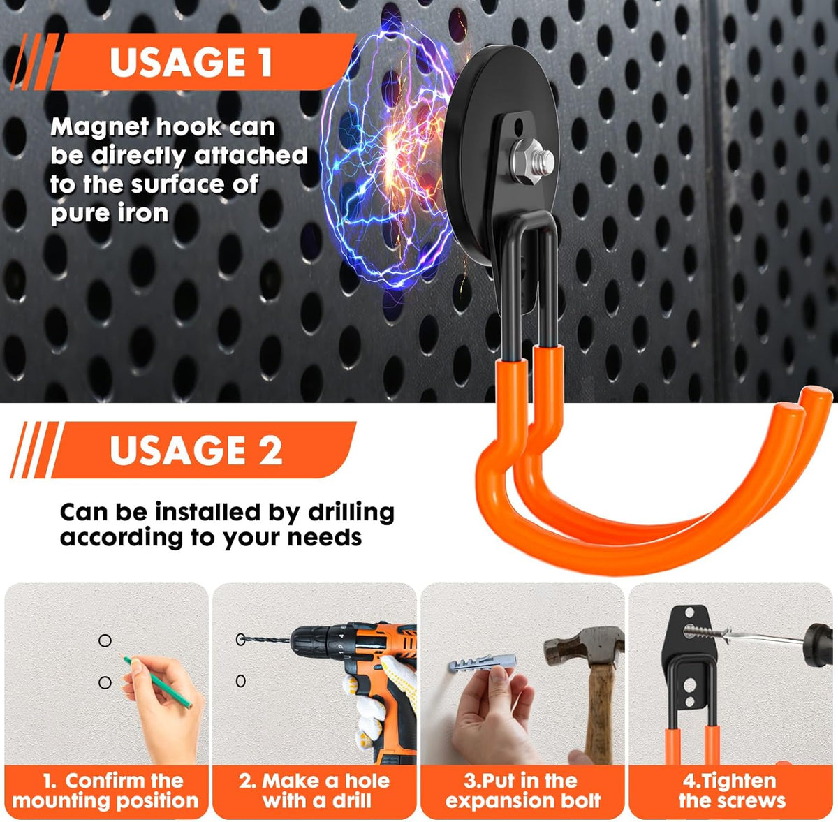 Heavy Duty Storage Magnetic Utility Hooks Large Garage Magnet Hooks with Anti-Slip Coating for Metal Cabinet,Pegboard,Garage Shelve,Garden Tools (Orange4pro)
