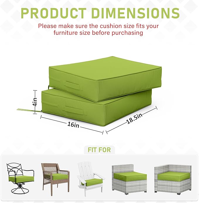 Patio Chair Cushions 18.5 X 16 X 4 Inch Waterproof Outdoor Seat Cushions for Patio Furniture, Outdoor Sofa Couch Pads with Ties & Handle, Set of 2, Grass Green