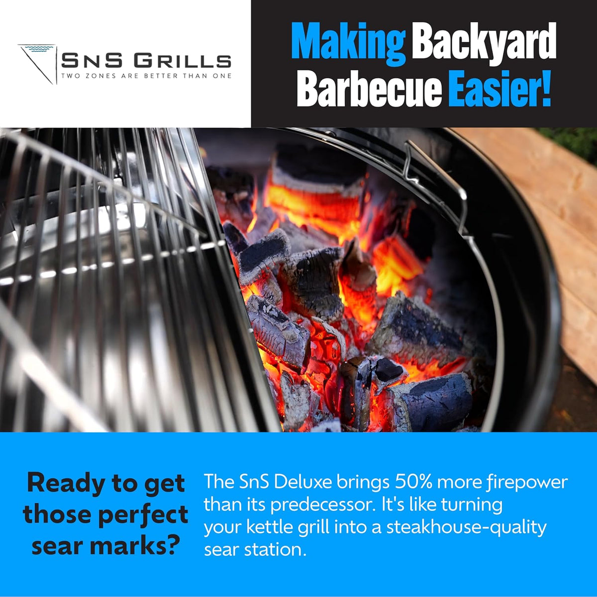 SnS Grills Patented Slow ‘N Sear® Deluxe Insert - Stainless Steel Charcoal Basket with Removeable Water Reservoir for Low ‘N Slow Smoking & Charcoal Grilling on Weber & Other Kettle Grills - 22 in