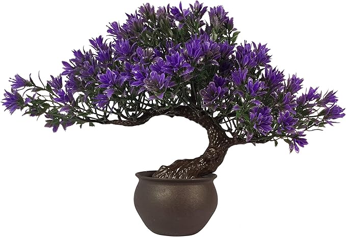 Fake Plants Plastic Artificial Bonsai Tree, Purple Room Decor Bonsai Tree for Home Bedroom Farmhouse Office Desk Decor, Tall 9.5"