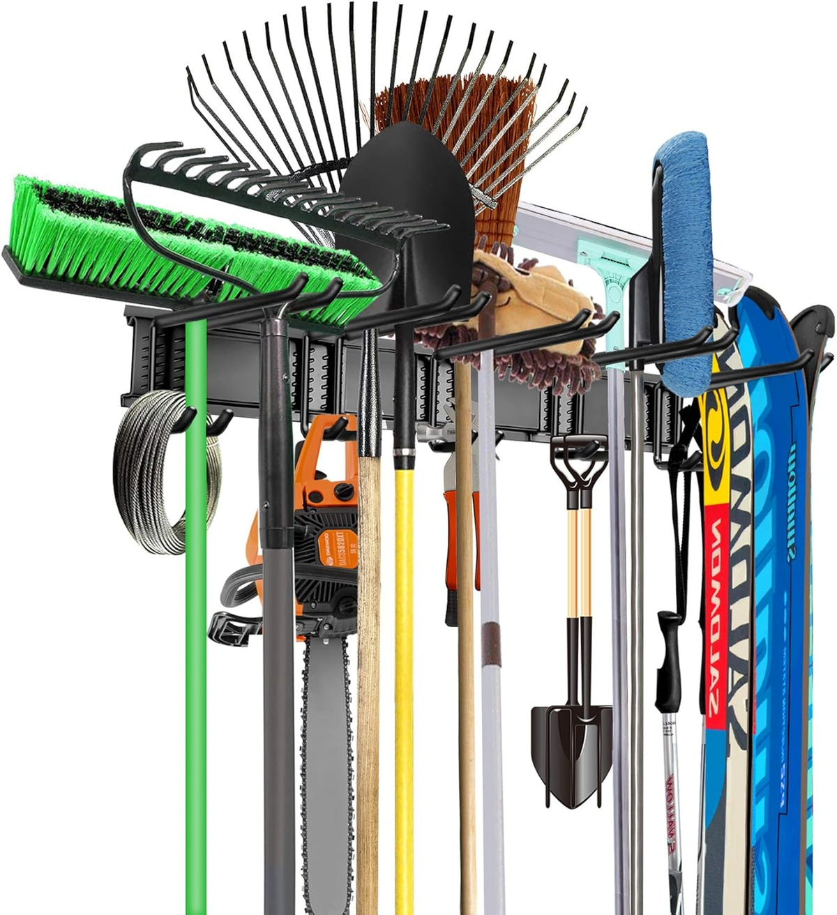 WALMANN Wall Mount Tool Organizer, Mop and Broom Holder, Garage Storage Rack, Heavy Duty Garden Tool Storage Organization System, Holds Up to 300lbs