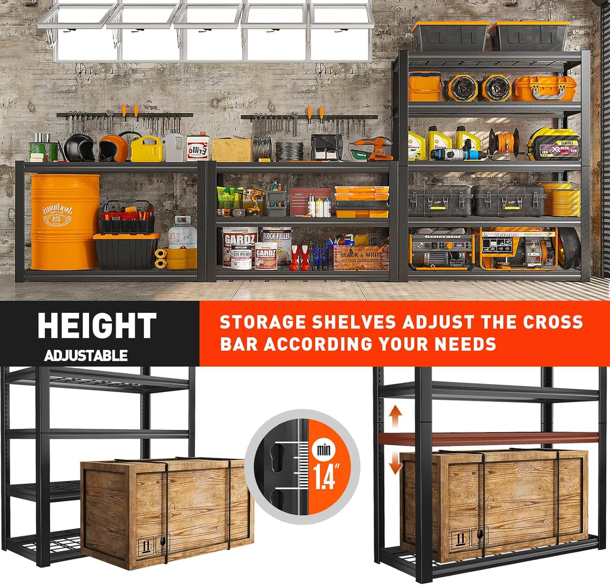 REIBII 48.2''W Garage Shelving Heavy Duty Metal Shelving 3000LBS Storage Shelves Adjustable Metal Shelves Industrial Garage Shelf for Warehouse Basement 48.2 "W x 24.2" D x 72.2 "H