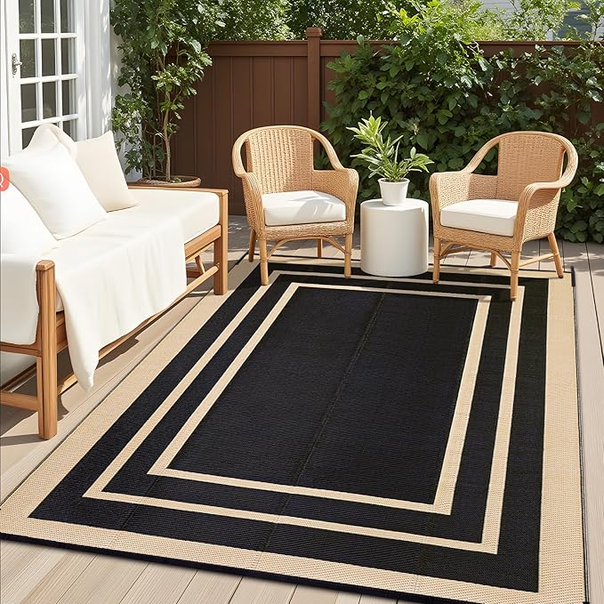 OLANLY Outdoor Rug 6x9 ft Waterproof, Reversible Outdoor Plastic Straw Rug, RV Mat, Indoor Outdoor Carpet Clearance for Patio, Camping, Balcony, Deck, Backyard, Black & Beige