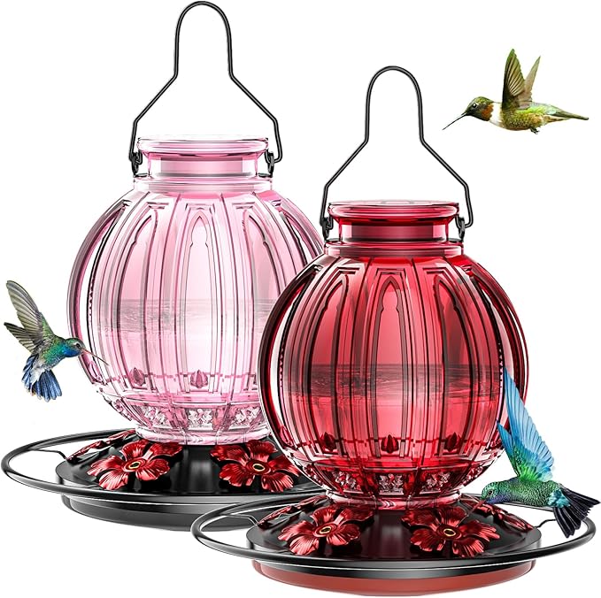 2 Pack Glass Hummingbird Feeder for Outdoors Hanging, Bird Nectar Feeder with Perch & 5 Flower Feeding Ports, 26 Oz Leak Proof for Outside Garden Decor Backyard, Gifts for Women Mom, Red & Pink