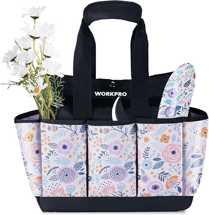 WORKPRO Garden Tool Bag, 9 Pockets Gardening Bag, Heavy Duty Oxford Garden Tote Caddy (Tools NOT Included), 12" x 12" x 6" (Floral White)
