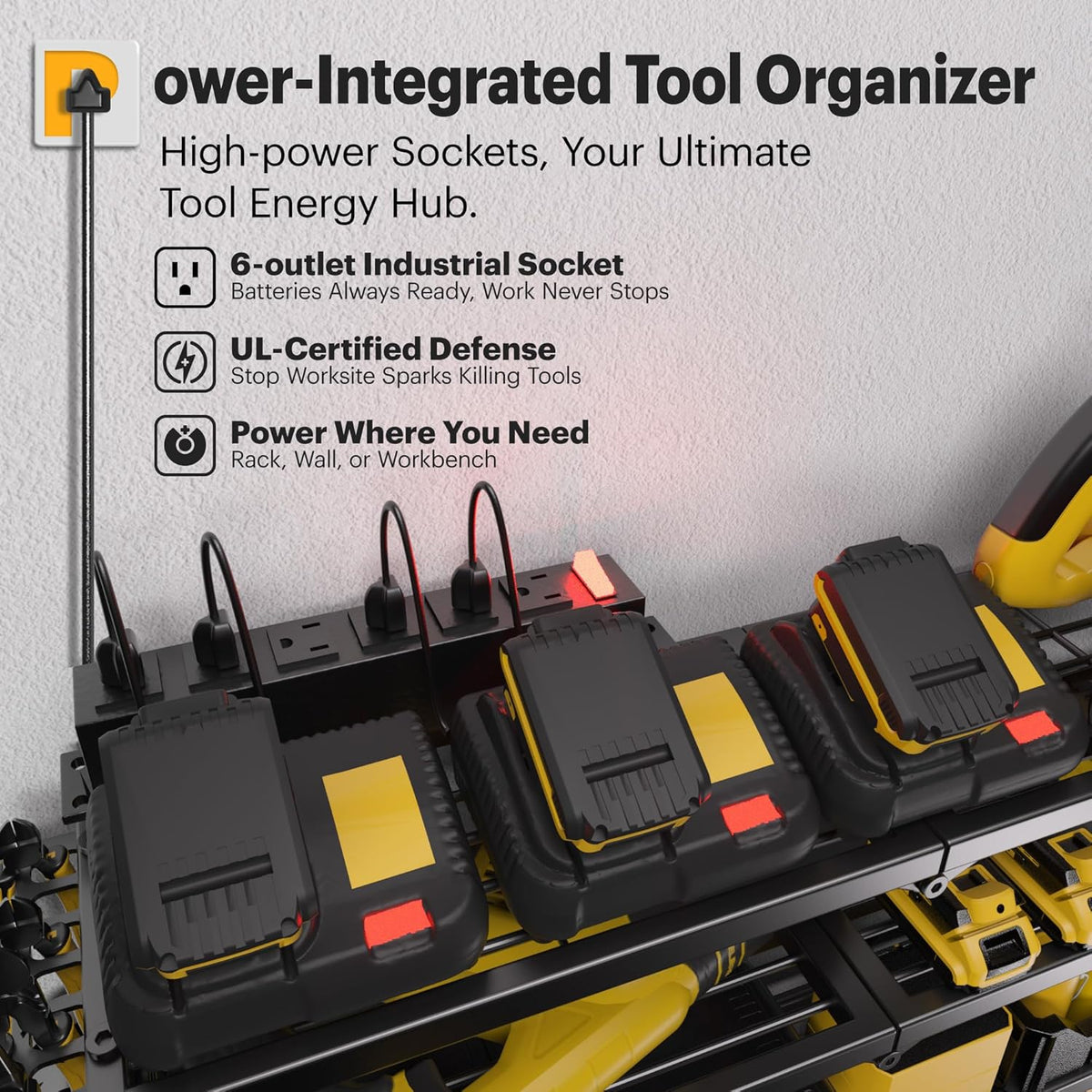 Power Tool Organizer Wall Mount with Charging Station, 4 Layer 8 Slots Cordless Drill Holder for Garage Storage, Utility Racks Max 420lbs Load With 6 Outlet Power Strip for Fathers Men Gift