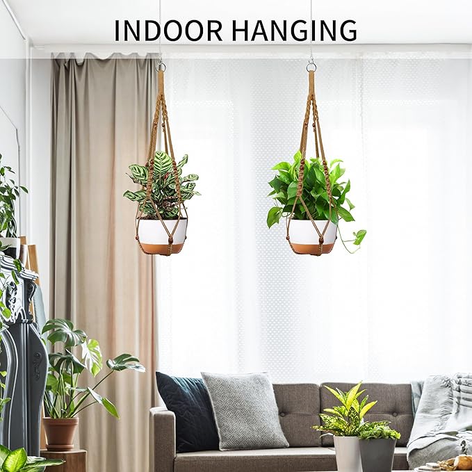 43 Inch Macrame Plant Hanger - Fits 6-15 Inch Pots, Extra Long Hanging Planter Holder for Indoor Outdoor, with Red Wood Beads, Boho Home Decor, 2 Pack, Brown (POTS NOT Included)