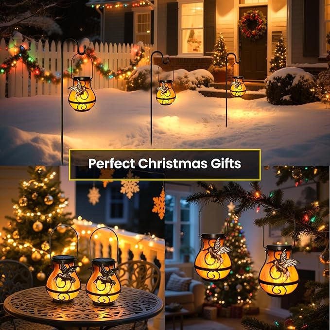 Solar Lights Outdoor Decorative, Hummingbird Flickering Flame Lantern Waterproof, Garden Decor Hanging Lights for Outside Patio Pathway Yard, Christmas Birthday Gifts, 2 Pack