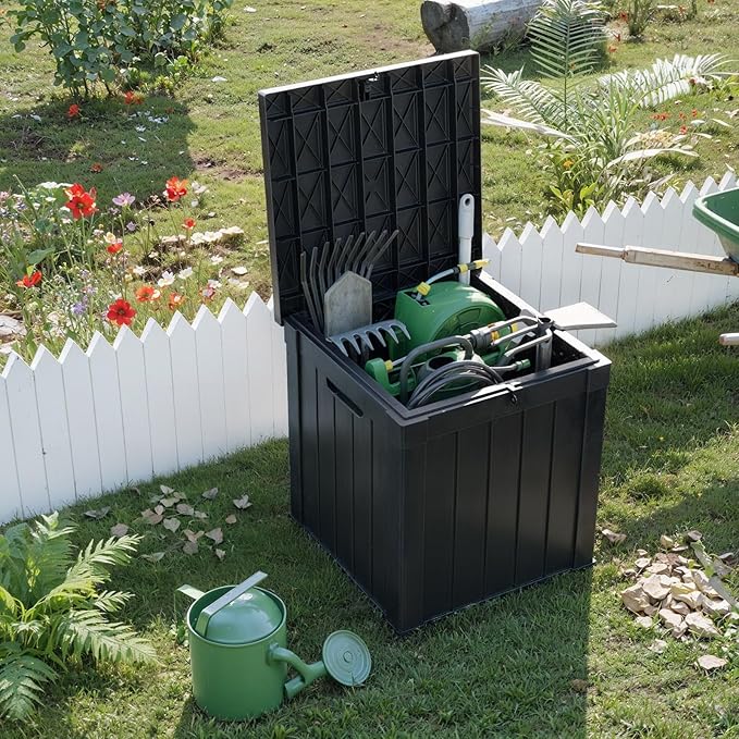 51 Gallon Resin Deck Box, Lockable Patio Outdoor Storage Box for Furniture, Garden Tools and Tools Storage, Waterproof Outside Storage Boxes - Black