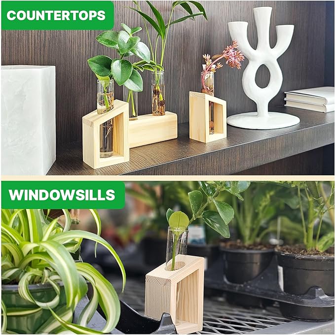 Plant Propagation Station - 3-Piece Wooden Stand with 4 Glass Test Tubes, Terrarium Vases for Plants, Hydroponic Propagation Planter for Home office Decor, Plant Lover Gift.