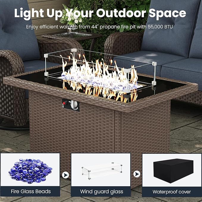 7 Pieces Outdoor Patio Furniture Sets with Rocking Swivel Chairs with 6-inch Thick Cushion and Fire Pit Table for Deck Lawn