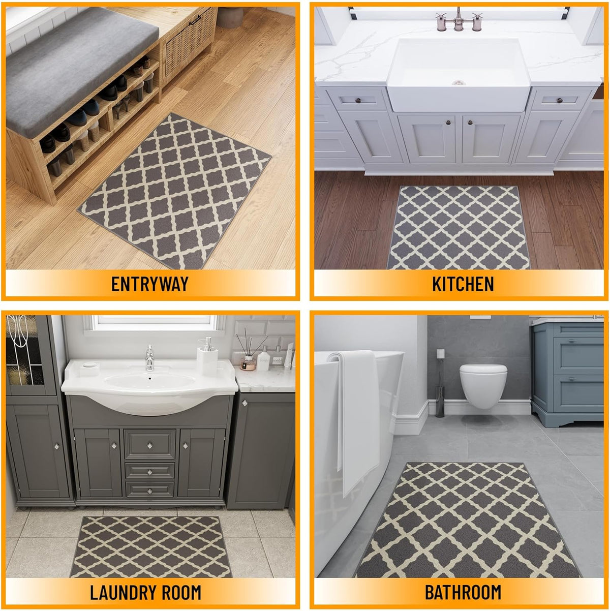 Ottomanson Rugs for Entryway 2'3" x 3' Non Slip Trellis Small Area Rugs Durable Front Door Mat Rug Stain Resistant Entrance Rugs for Bathroom Kitchen Bedroom & Living Room, Gray
