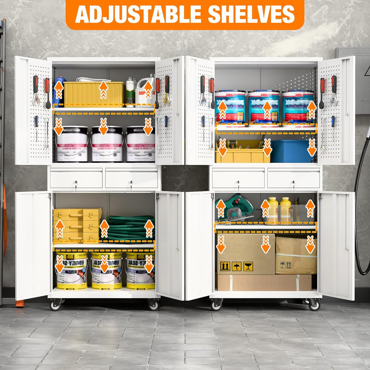 Aobabo Metal Storage Cabinet with 2 Locking Drawer and Pegboard, Steel Rolling Tool Cabinet with 8 Hooks and 2 Adjustable Shelves for Garage, Home, Office, Kitchen Assembly Required, White