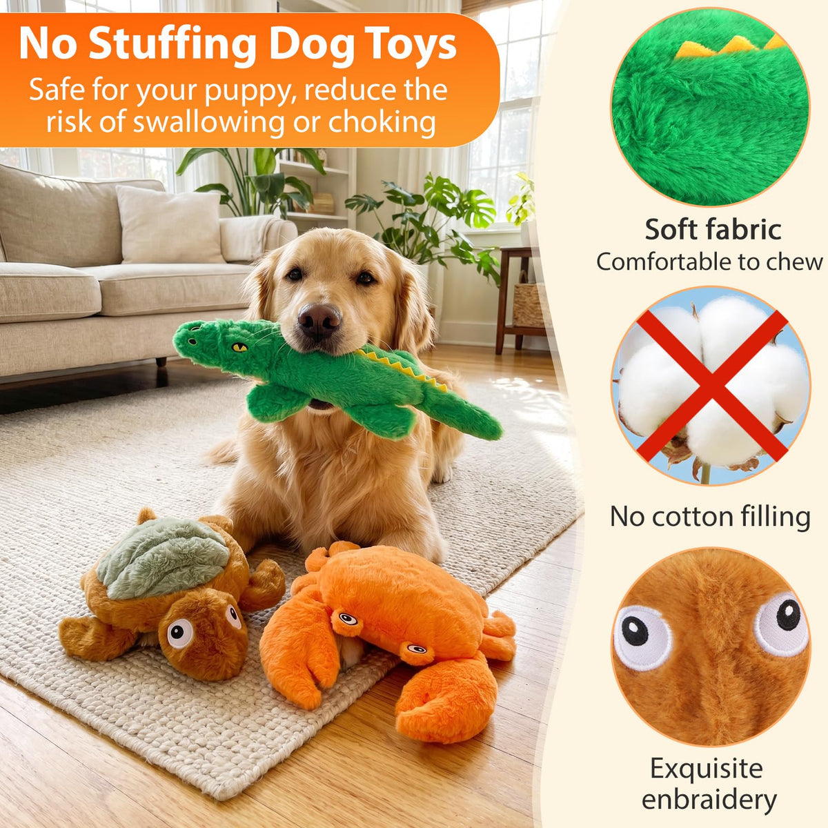 Homounter No Stuffing Dog Toys for Puppies, Small & Medium Dogs, 3 Pack Squeaky Crinkle Plush Toys for Teething & Anxiety Relief, Lightweight Interactive Animal Set to Keep Them Busy