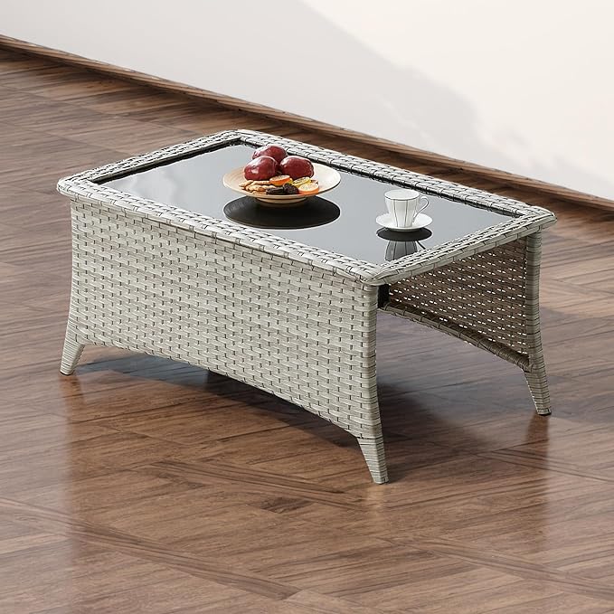 Patio Tables Wicker Coffee Table - Outdoor Rattan Coffee Tables with Glass Top for Patio Proch Deck Balcony Rectangle Light Grey