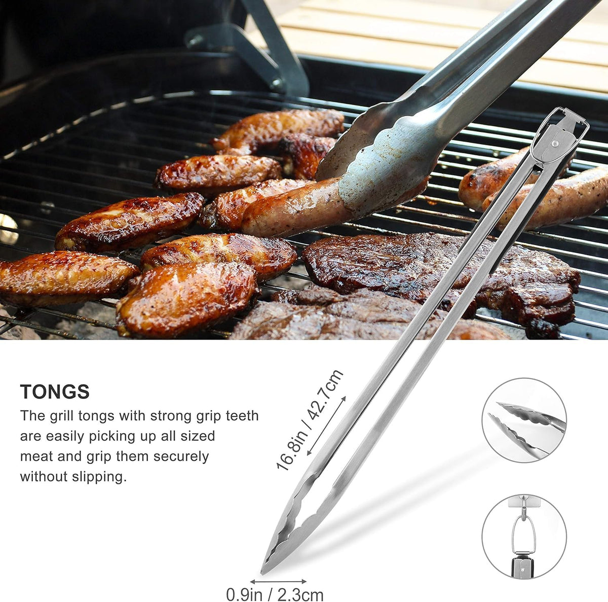 grilljoy 8PCS BBQ Grill Tools Set with Extra Thick Stainless Steel Spatula, Fork, Tongs & Cleaning Brush - Complete Barbecue Accessories Kit with Portable Bag - Perfect Grill Gifts for Men Black