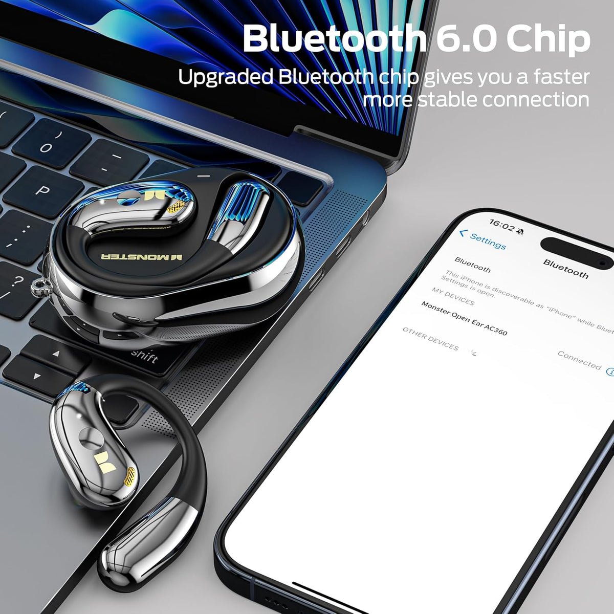 Monster Open Ear AC360, Wireless Bluetooth Rotary Earphone, with Lanyard, Upgraded Bluetooth 6.0, Touch Control, 24h Long Battery Life, IPX5 Waterproof,Long-Lasting Wear Without Fatigue