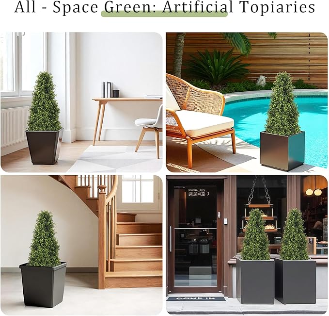 3ft Artificial Boxwood Topiary Trees (Set of 2) - UV Resistant Faux Plants Outdoor, Realistic 36" Fake Cone Bushes and Shrubs for Front Porch, Planter, Patio - Low Maintenance & Evergreen