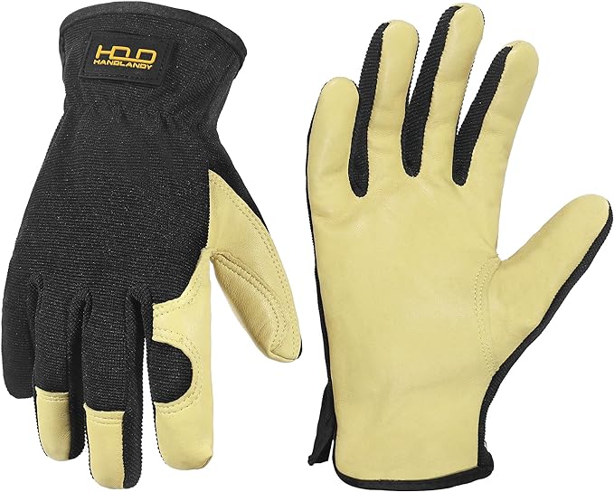 HANDLANDY Leather Work Gloves for Men & Women, Reinforced Durable Garden Gloves, Cowhide Working Glove for Gardening