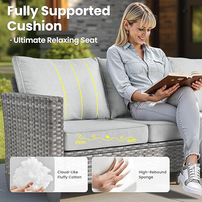 ovios 6 Pieces Patio Furniture Set with 54" Fire Pit Table, Outdoor Wicker Sofa with Comfy Cushions, All Weather High Back Rattan Couch Conversation Set, Grey
