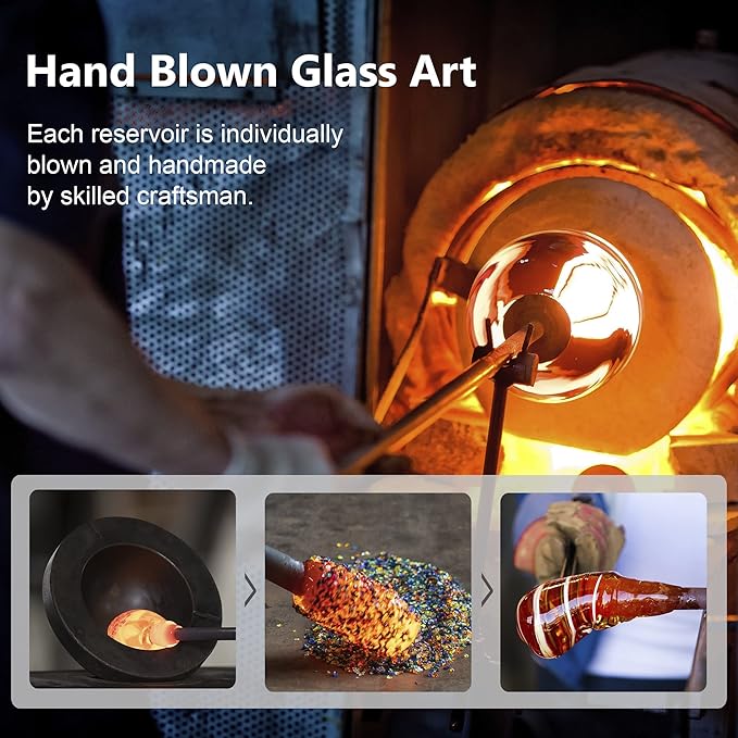 LUJII Hand Blown Glass Hummingbird Feeder for Outdoors Hanging with Ant Moat, 25 fl.oz, Leak Proof & Rustproof, Metal Base with 5 Feeding Ports & 5 Perches, Unique Garden & Backyard Decor (Ribbon)