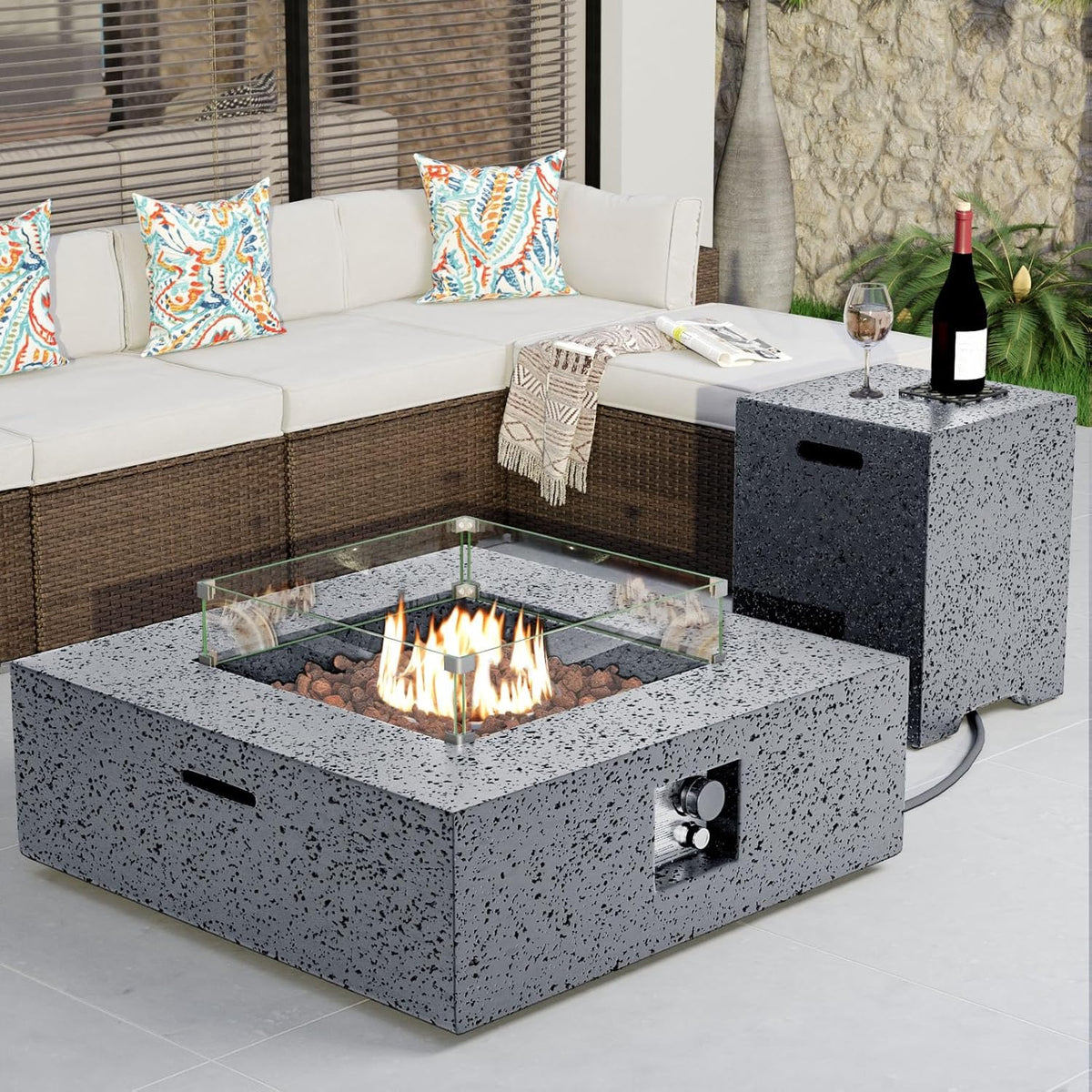 COSIEST Outdoor Propane Fire Pit Coffee Table w Square Faux Stone 35-inch Base, CSA Certified, 50,000 BTU Stainless Steel Burner, Free Lava Rocks and Rain Cover, Wind Guard, Tank Cover,Gray