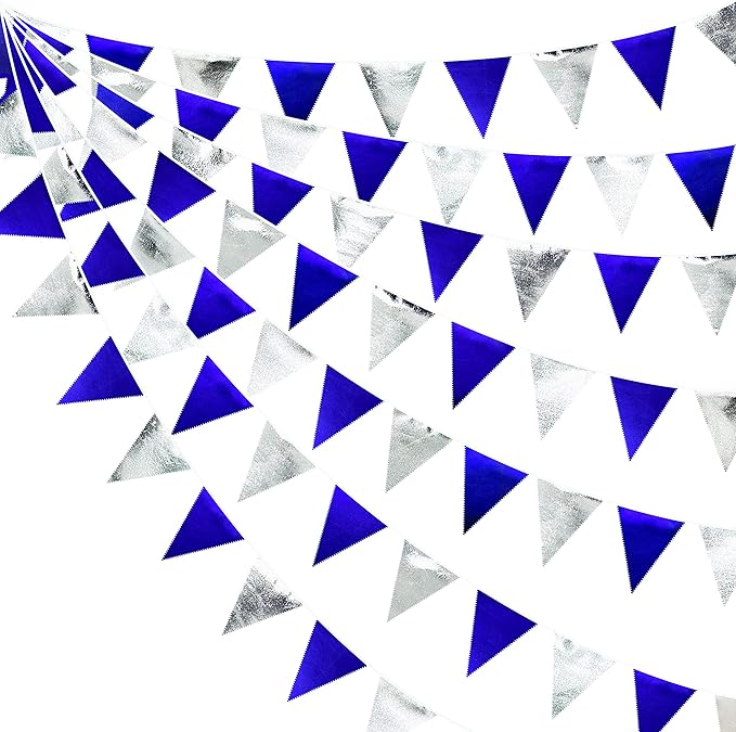 Royal Blue Silver Party Decorations Navy Blue Triangle Pennant Banner Flag Metallic Fabric Bunting Garland for Birthday Graduation Wedding Retirement Nautical Ahoy Achor Pirate Theme Party Supplies