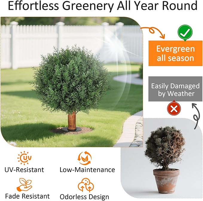 Artificial Cedar Topiary Ball Trees with Ground Spike Set of 2, 24.6 inch UV-Resistant Faux Shrubs for Indoor/Outdoor Decor – Fake Cypress Perfect for Garden, Porch, and Patio