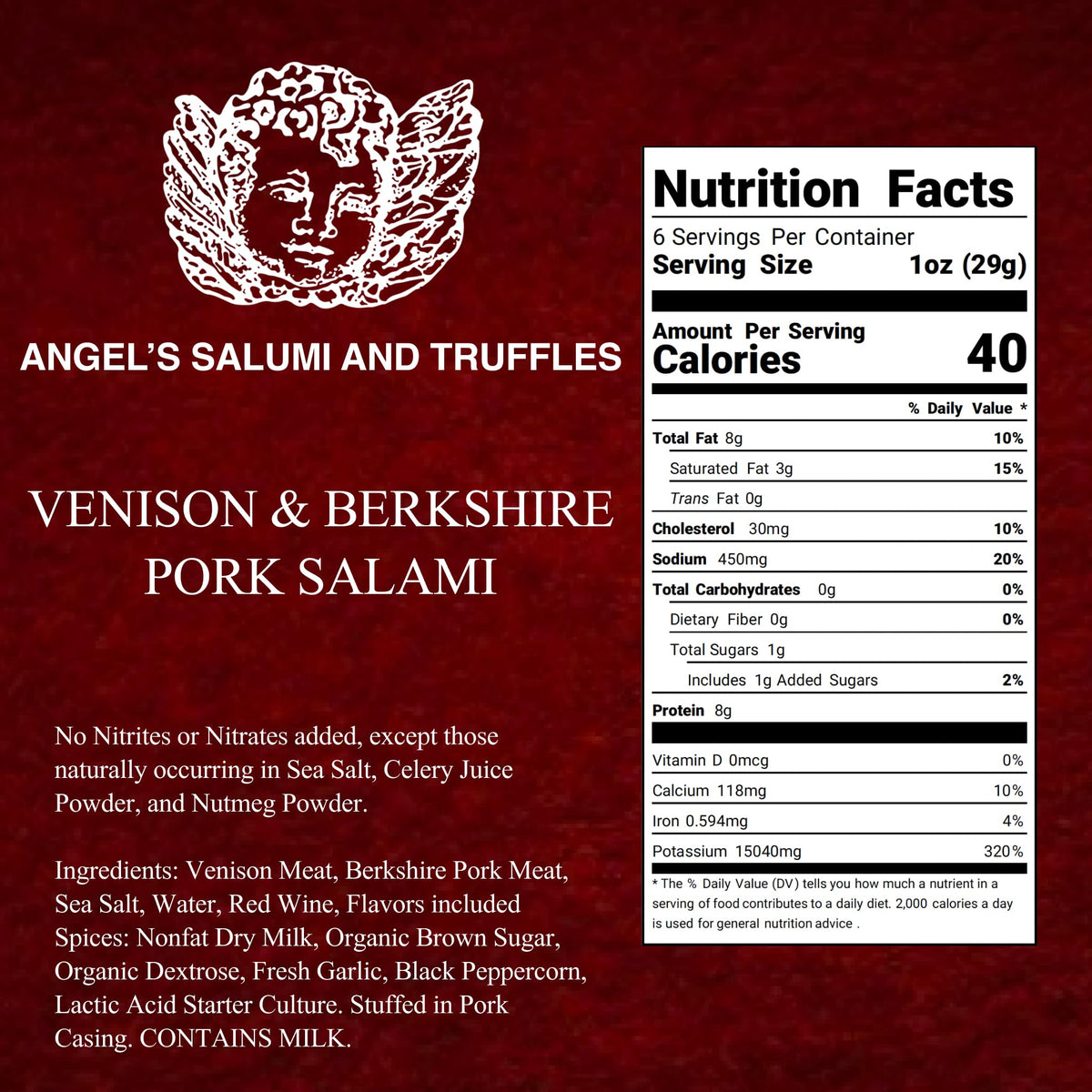 Angel's Salumi Venison & Berkshire Pork Salami - 5.5 oz Gourmet Artisanal Charcuterie - Humanely Raised, Vegetarian Fed, No Antibiotics, Hormones