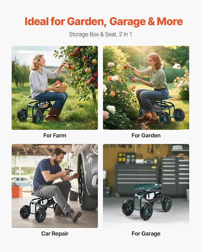 VEVOR Rolling Garden Cart with Swivel Seat, Heavy Duty Garden Seat with Storage Basket & Tool Tray, 300 lbs Weight Capacity, Outdoor Utility Gardening Stool Scooter for Lawn Yard Planting Weeding